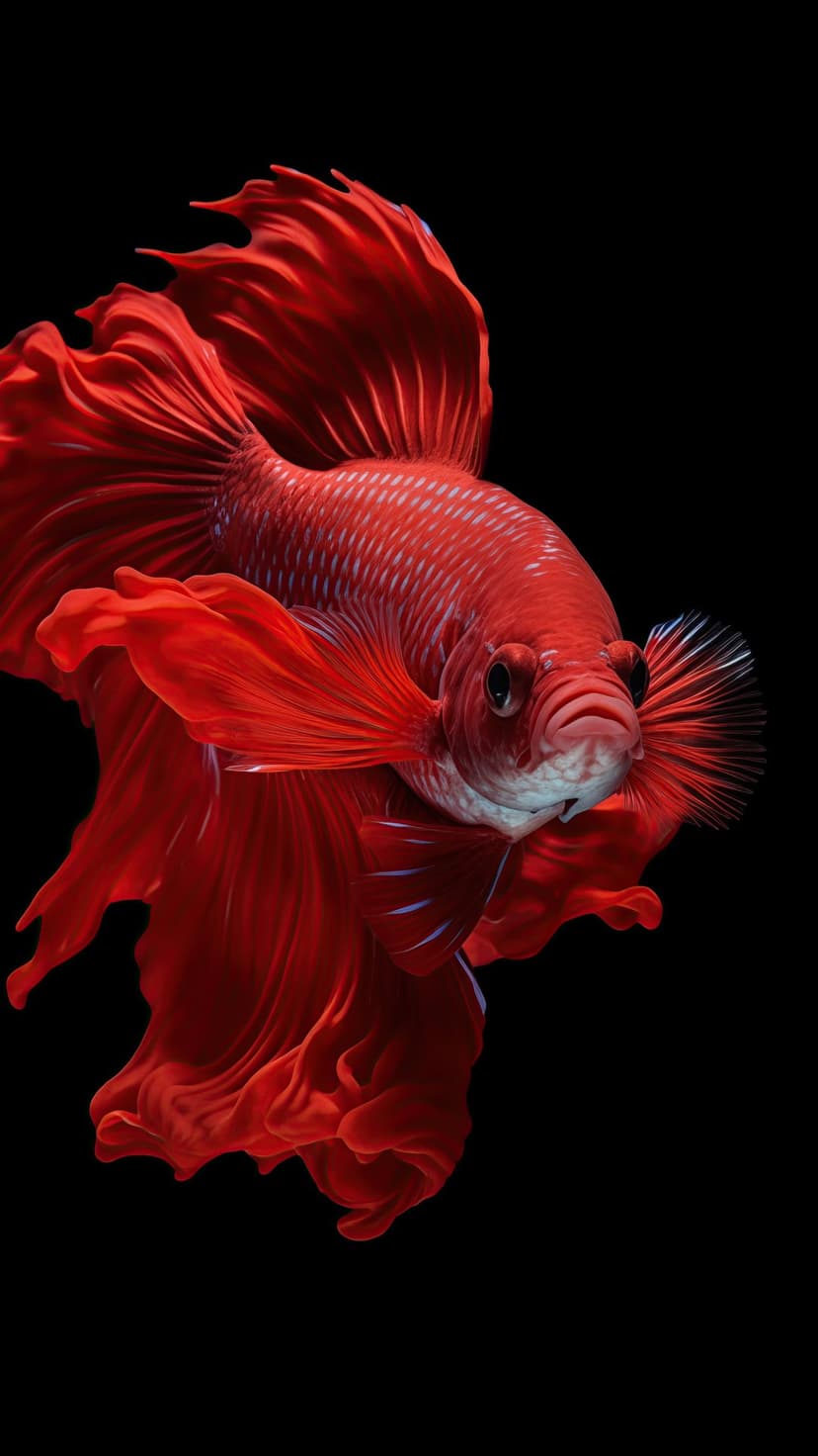 Red Betta fish with long flowing fins and blue-flecked scales swimming against a solid black background.