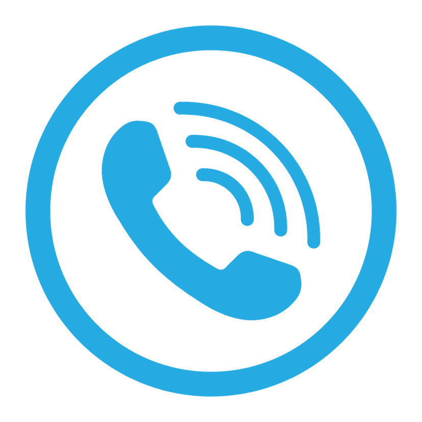 Blue telephone handset icon inside a solid circle features clean vector lines on a transparent background.