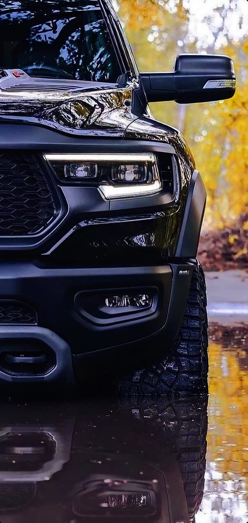 RAM truck LED headlight and fender flare reflecting in shallow water with yellow autumn foliage in the background.