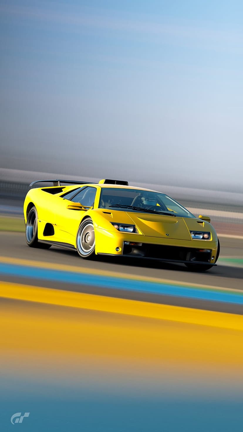 Yellow Lamborghini Diablo racing on a track with heavy motion blur against a blue sky in vertical orientation.