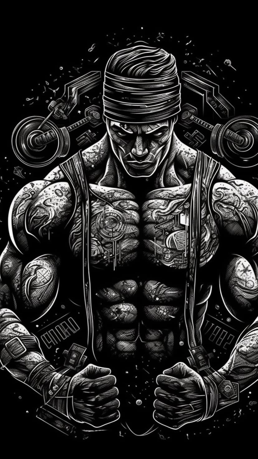 Muscular man with arm tattoos and bandana clenches fists in a gym setting with barbell plates in the background.