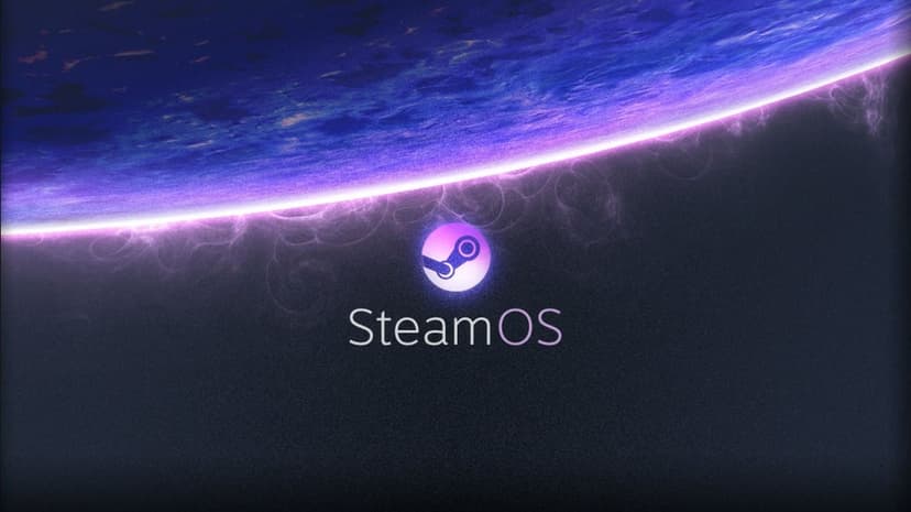 SteamOS logo and text centered over a glowing purple planet horizon in a dark, grainy space environment.