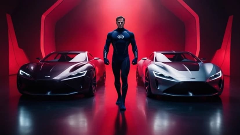 Reed Richards in a blue suit walks past futuristic sports cars under red light in a modern architectural hall.