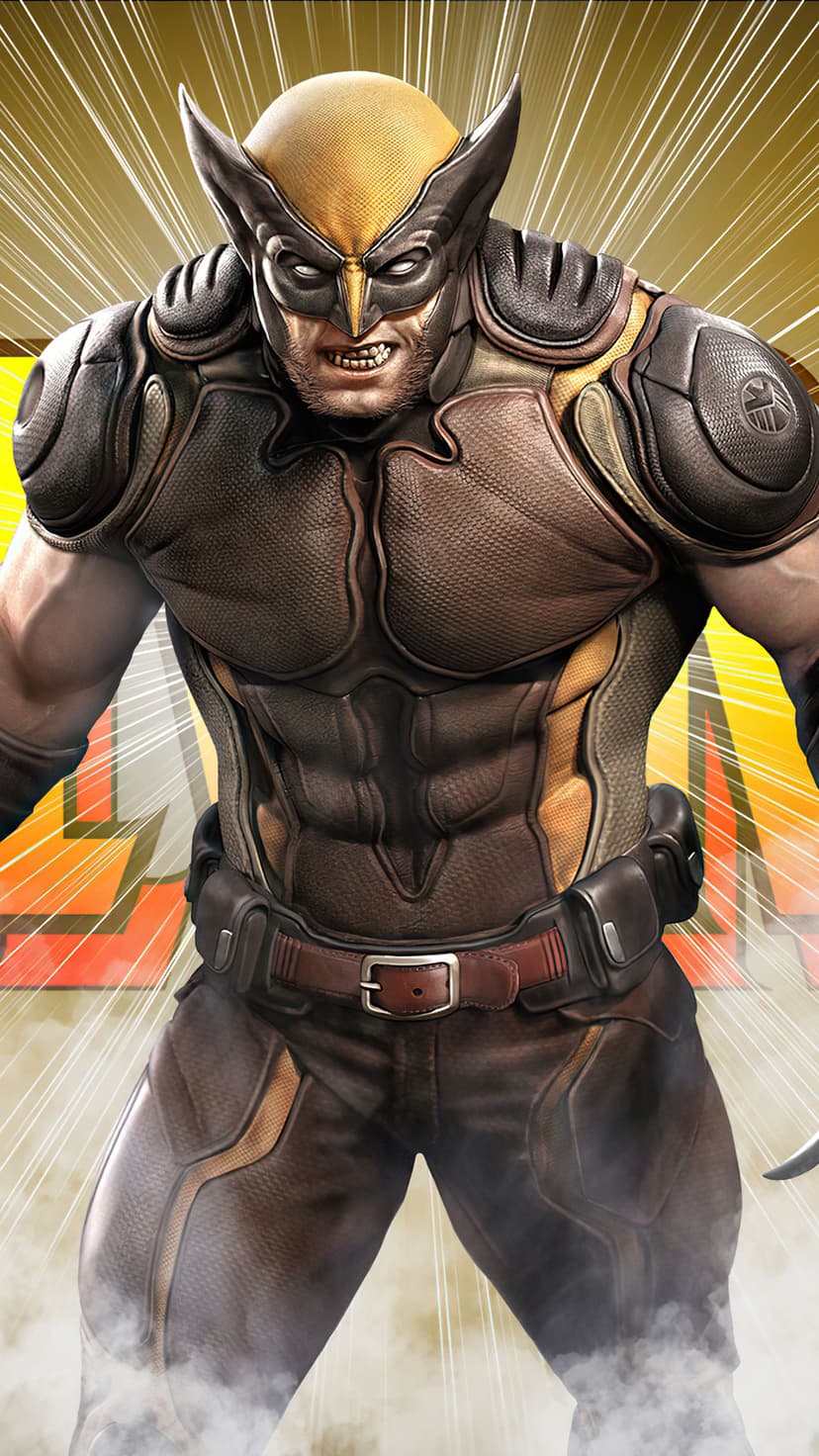 Wolverine wearing a yellow and brown suit crouches in a combat pose with rays of light glowing behind him.