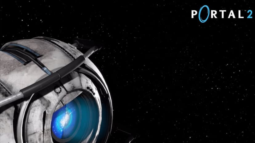 Wheatley from Portal 2 floats in deep space with a glowing blue eye against a dark star-filled background.