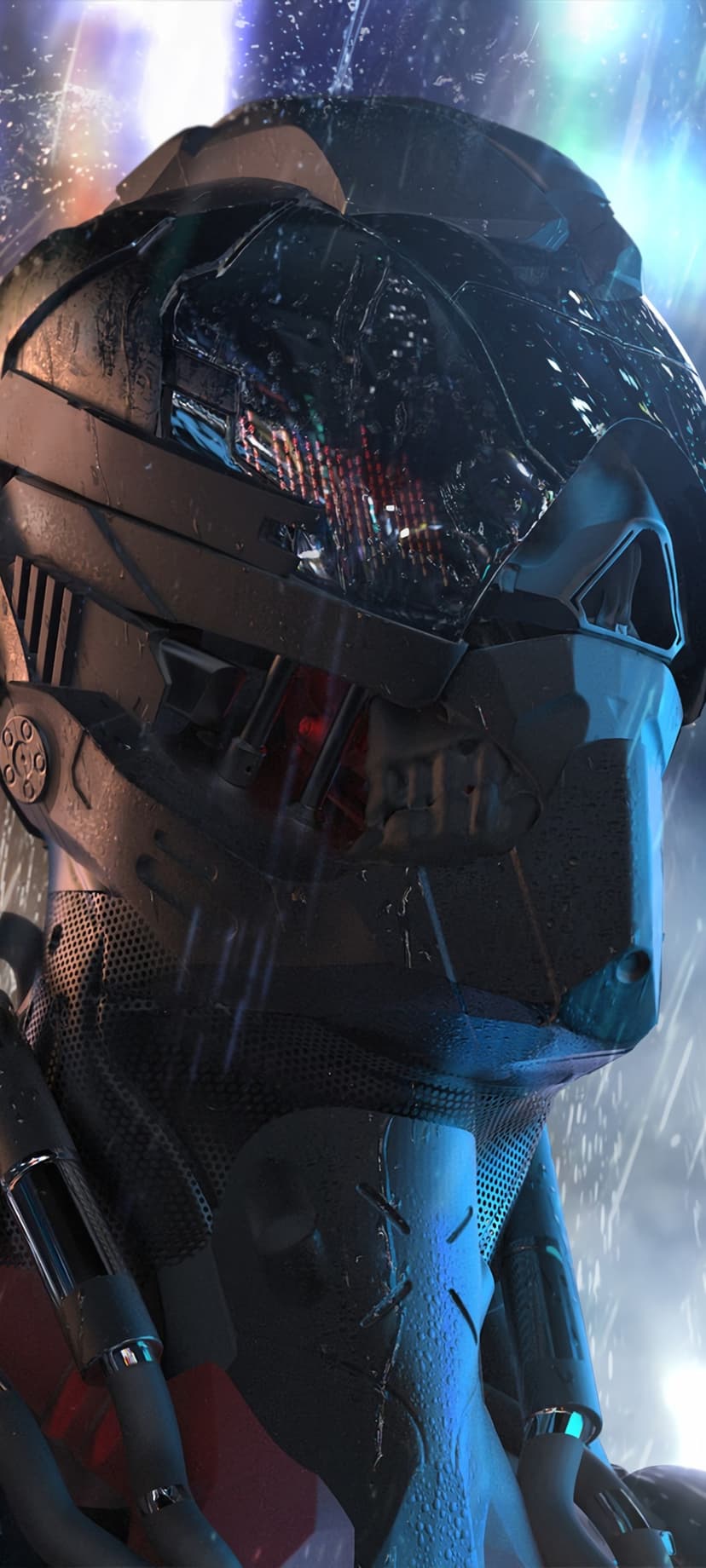 Armored soldier with a cracked helmet visor stands in heavy rain illuminated by faint neon lights in a dark city.