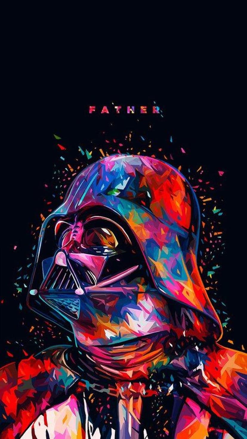 Darth Vader helmet in a colorful geometric mosaic with the word FATHER visible above the visor in bold hues.