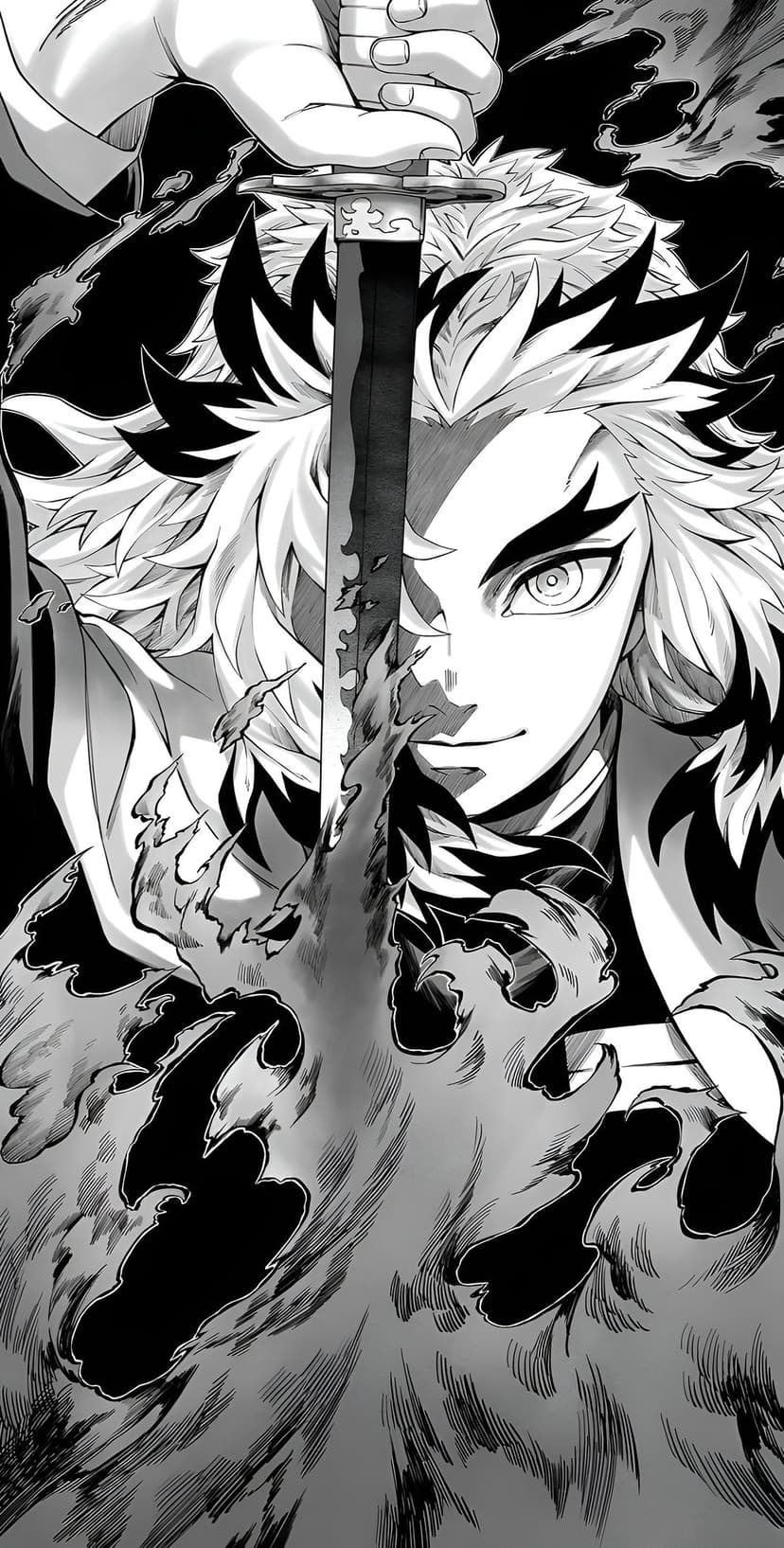 Kyojuro Rengoku lunges forward with a flaming katana in a high-contrast black and white manga action sequence.