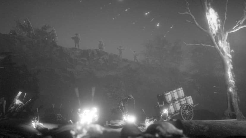 Silhouetted warriors on a ridge overlooking a burning battlefield with a fighter running past a wooden cart.