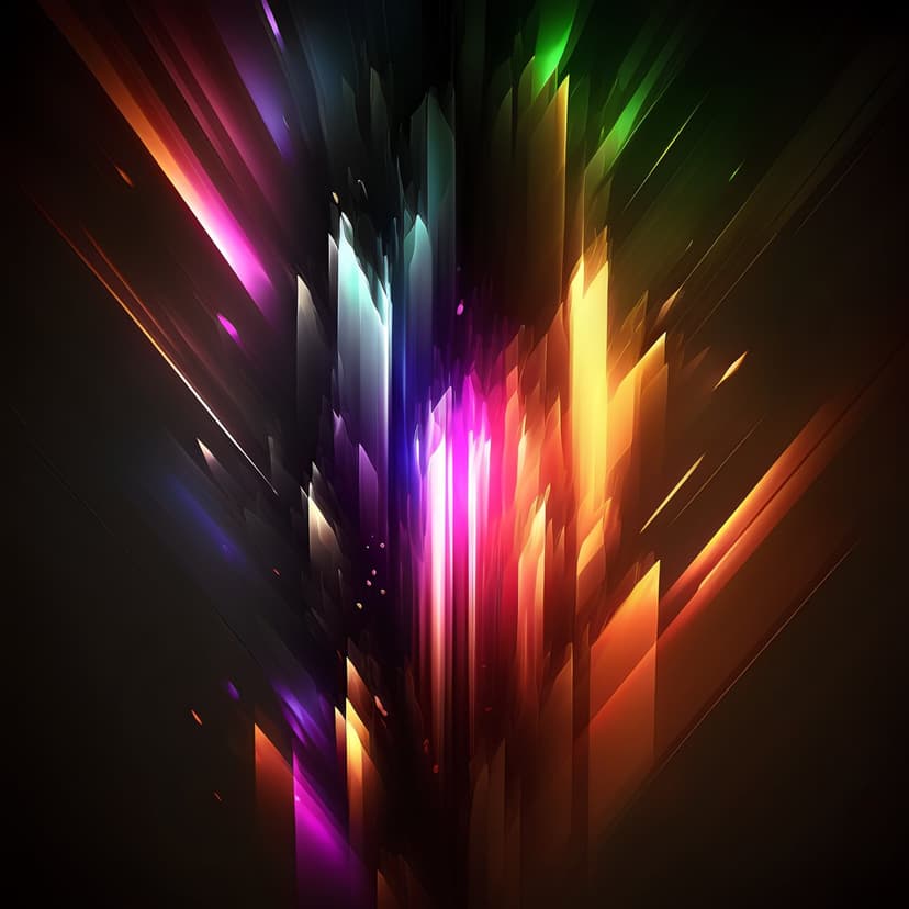 Vibrant rainbow light streaks burst from a dark center with sharp, glowing geometric lines and neon hues.