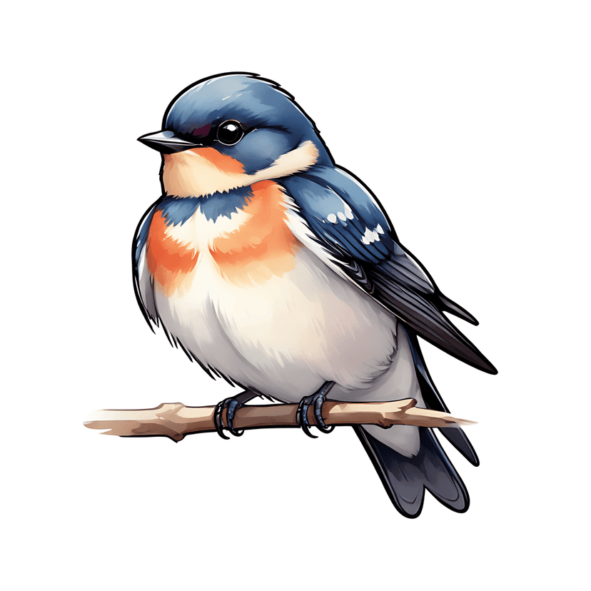 Songbird sticker featuring blue head feathers and orange breast perched on a branch with white die-cut edges.