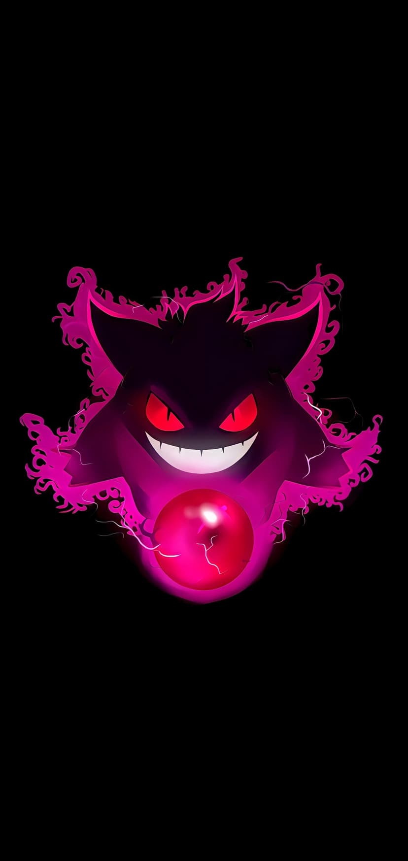 Dark Gengar Pokemon with glowing red eyes and white grin holding a pink energy ball on black background.