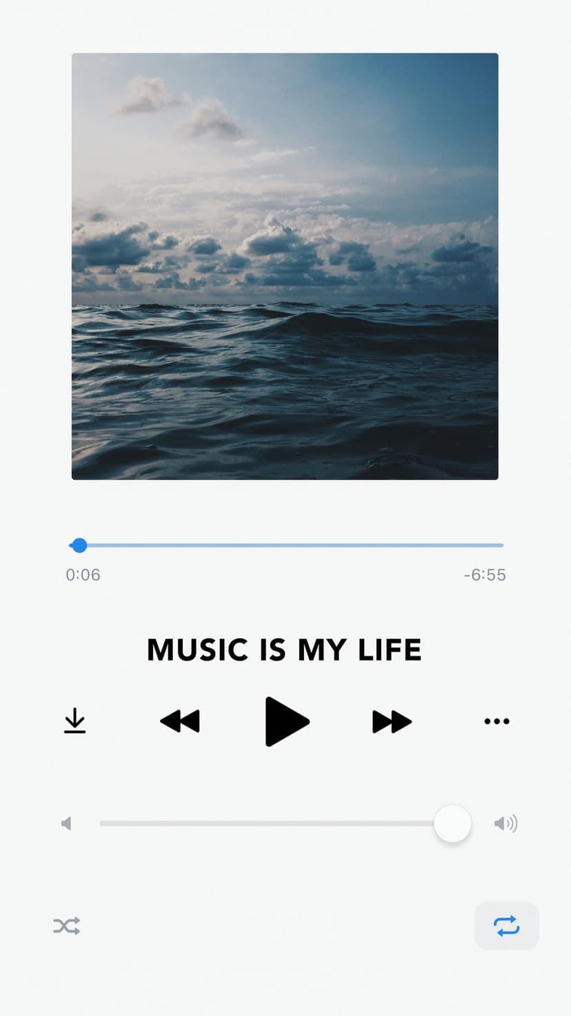 White music player interface with playback icons layered over a misty turquoise ocean and cloudy sky scene.