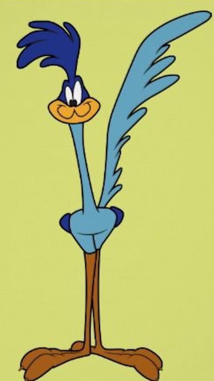 Road Runner stands upright with blue feathers and an orange beak against a solid light yellow background.