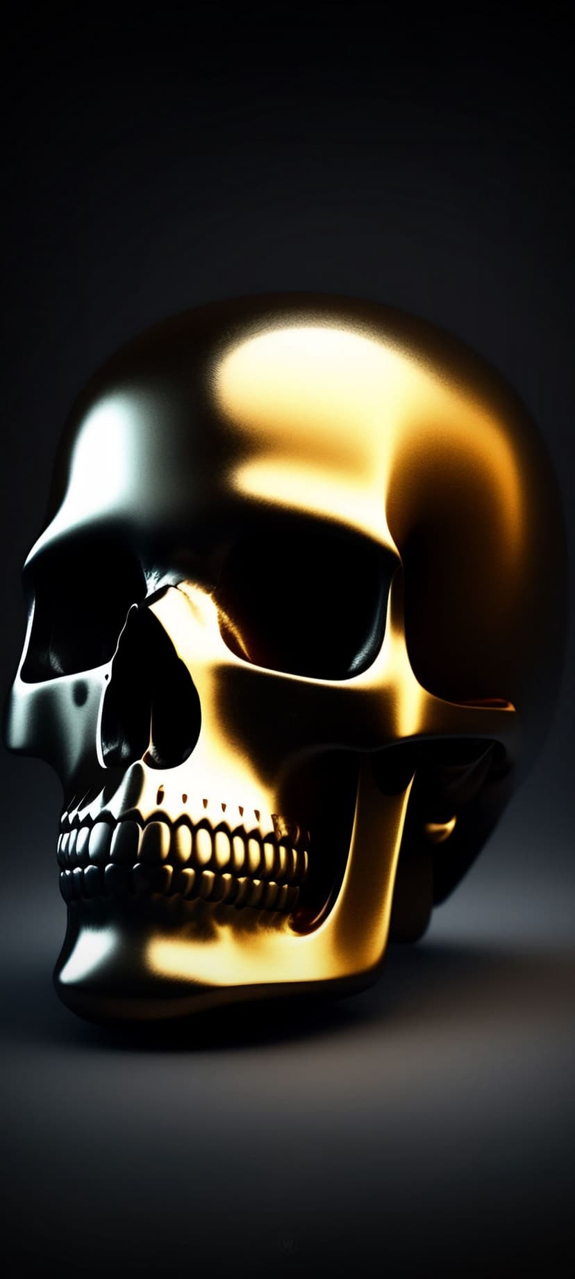 Golden skull with polished metallic reflections and dramatic shadows centered against a dark void background.