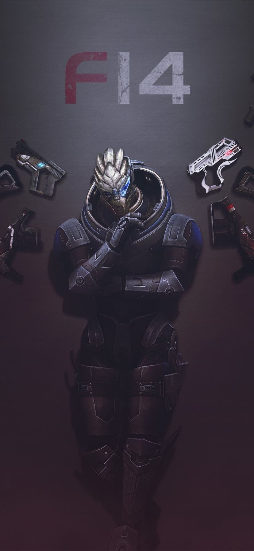 Garrus Vakarian from Mass Effect in blue armor thinking, surrounded by floating pistols and distressed F14 text.