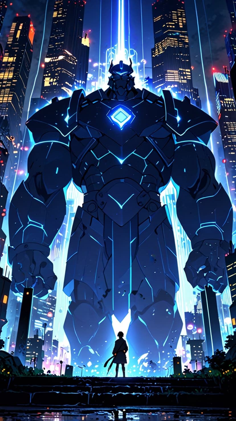 Colossal blue robot with glowing joints stands among neon skyscrapers while a person watches from below.