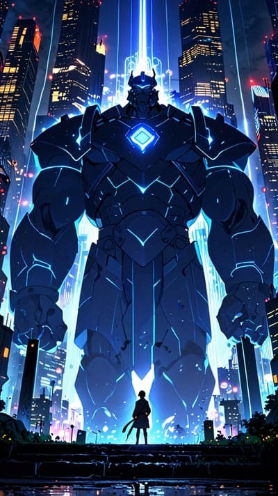 Colossal Blue Robot Neon Cityscape Mobile Wallpaper