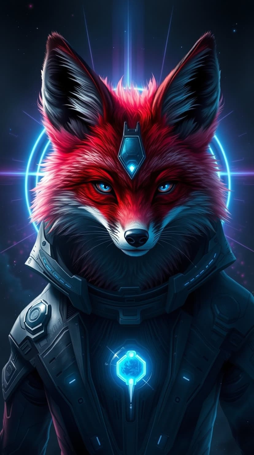 Red fox with cybernetic parts and glowing blue eyes against a dark background with blue light streaks.