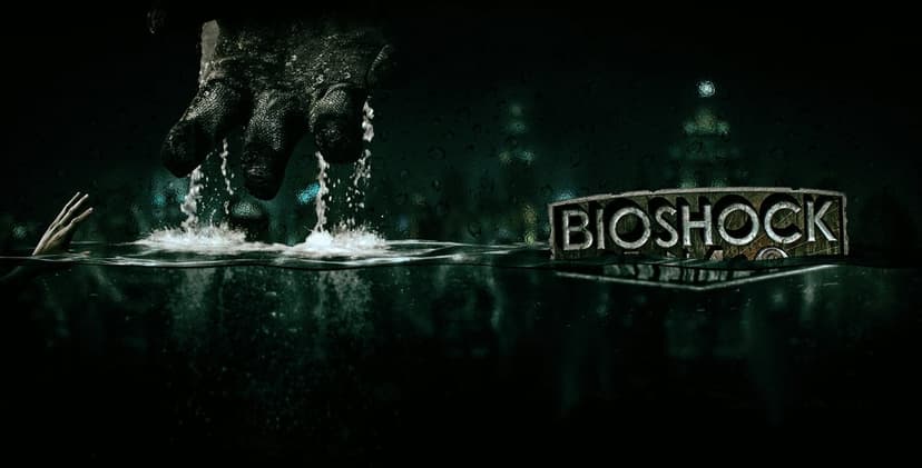BioShock logo on water with a giant armored hand dripping water above and a glowing underwater city background.