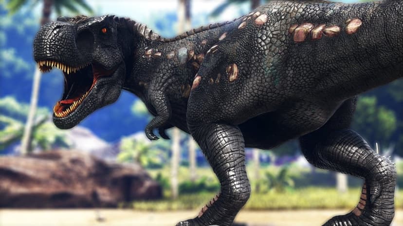 A black Tyrannosaurus Rex with tan scales roars fiercely in a blurred tropical prehistoric jungle landscape.