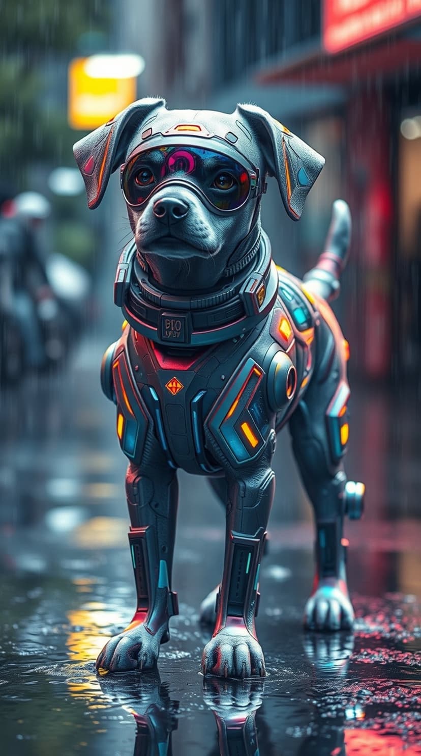 Armored dog with glowing neon accents and goggles stands in a rain-slicked futuristic city street at night.