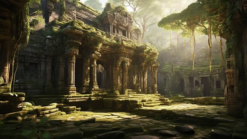 Moss-covered stone ruins stand amidst thick jungle foliage with sunlight streaming through a dense green canopy.