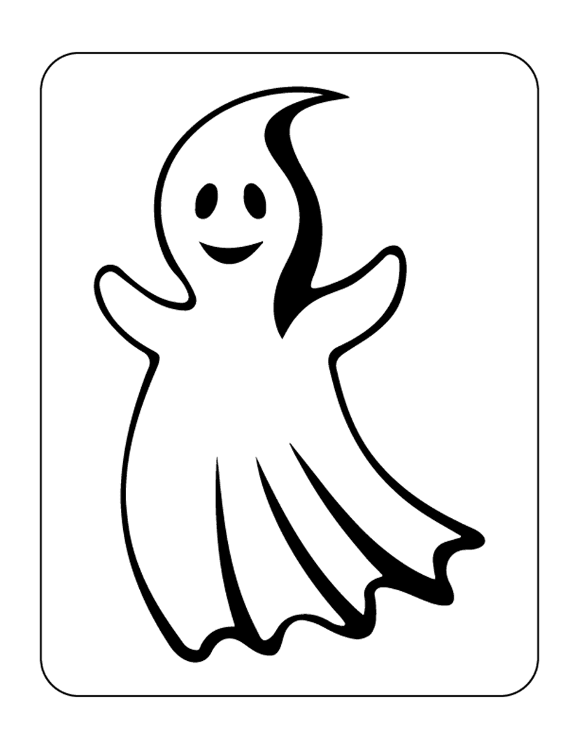 Ghost coloring page featuring a smiling character with raised arms, thick black outlines, and white background.