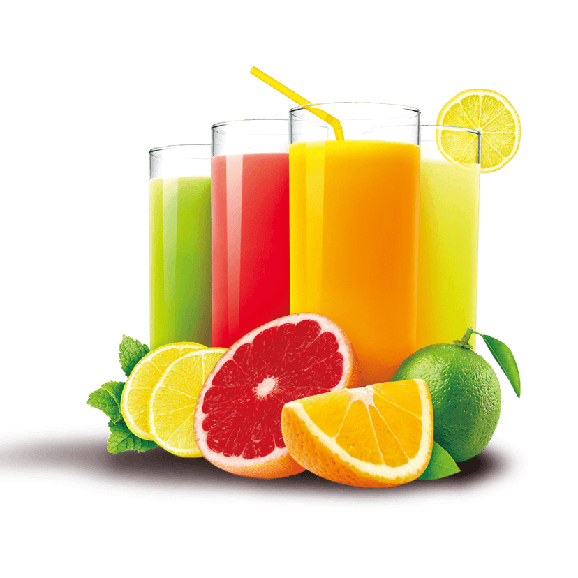 Citrus beverage assortment containing milkshakes and juices in tall glasses with fruit slices and straws.