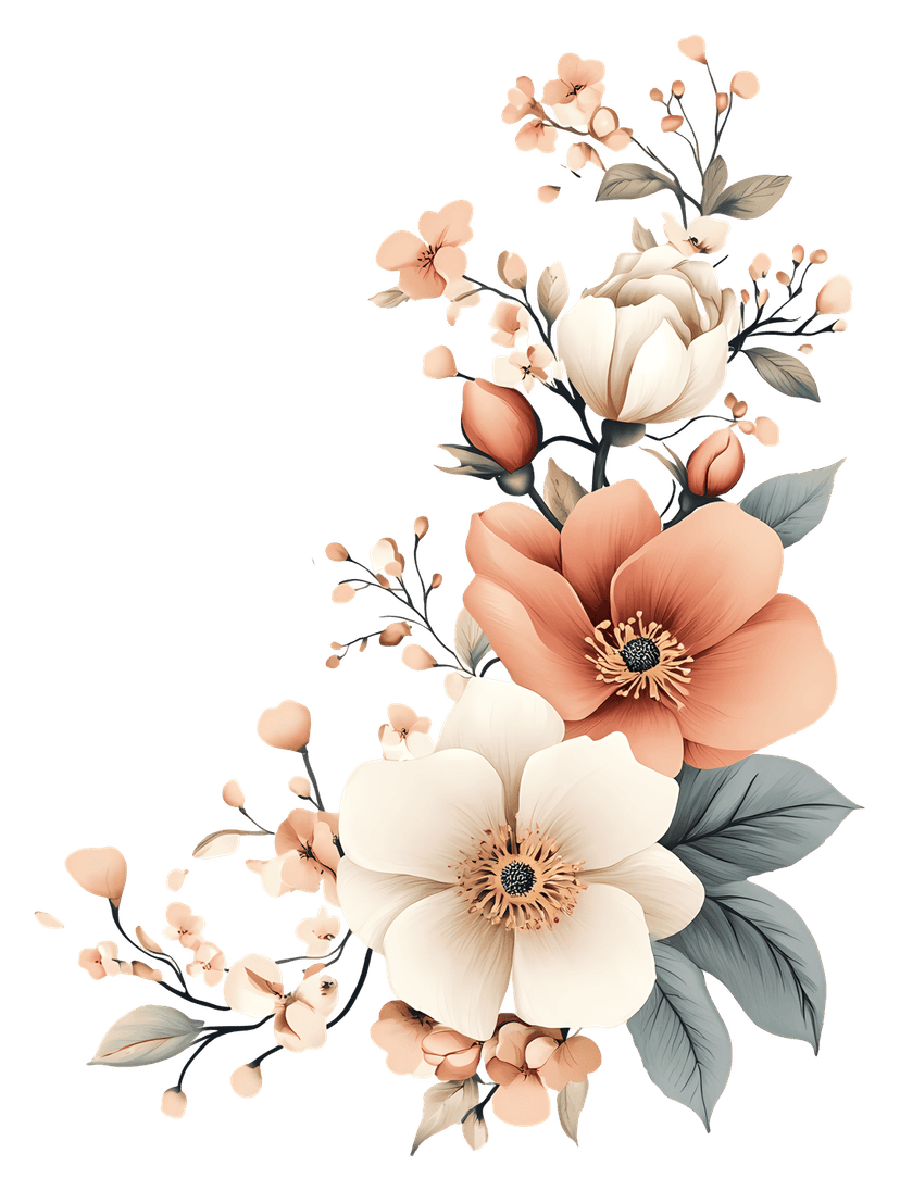 Floral bouquet watercolor illustration with pink and yellow flowers surrounded by green leaves on white background.