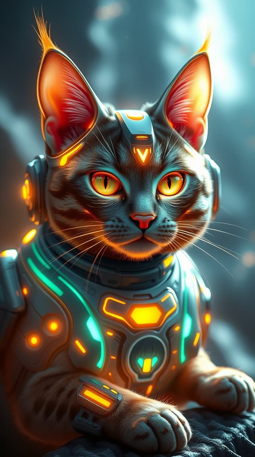 Cybernetic cat with glowing teal and orange armor, sharp yellow eyes, and pointed ears in a dark sci-fi setting.