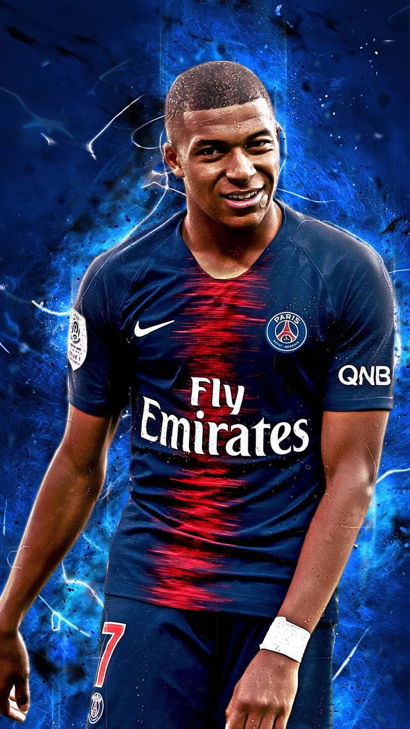 Kylian Mbappé in a blue PSG soccer jersey with number 7 shorts against an abstract blue light effect background.
