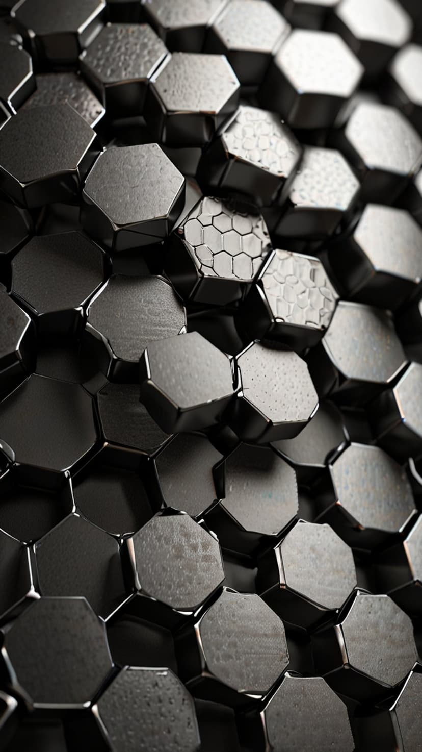 Dark gray metal hexagons in a honeycomb pattern with subtle shadows and varying reflective textures.