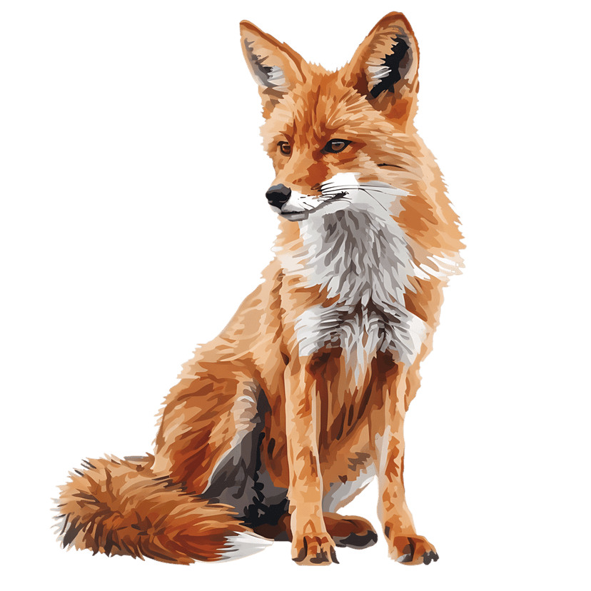 Red fox sitting in profile view features vibrant orange fur and white chest markings on a black background.