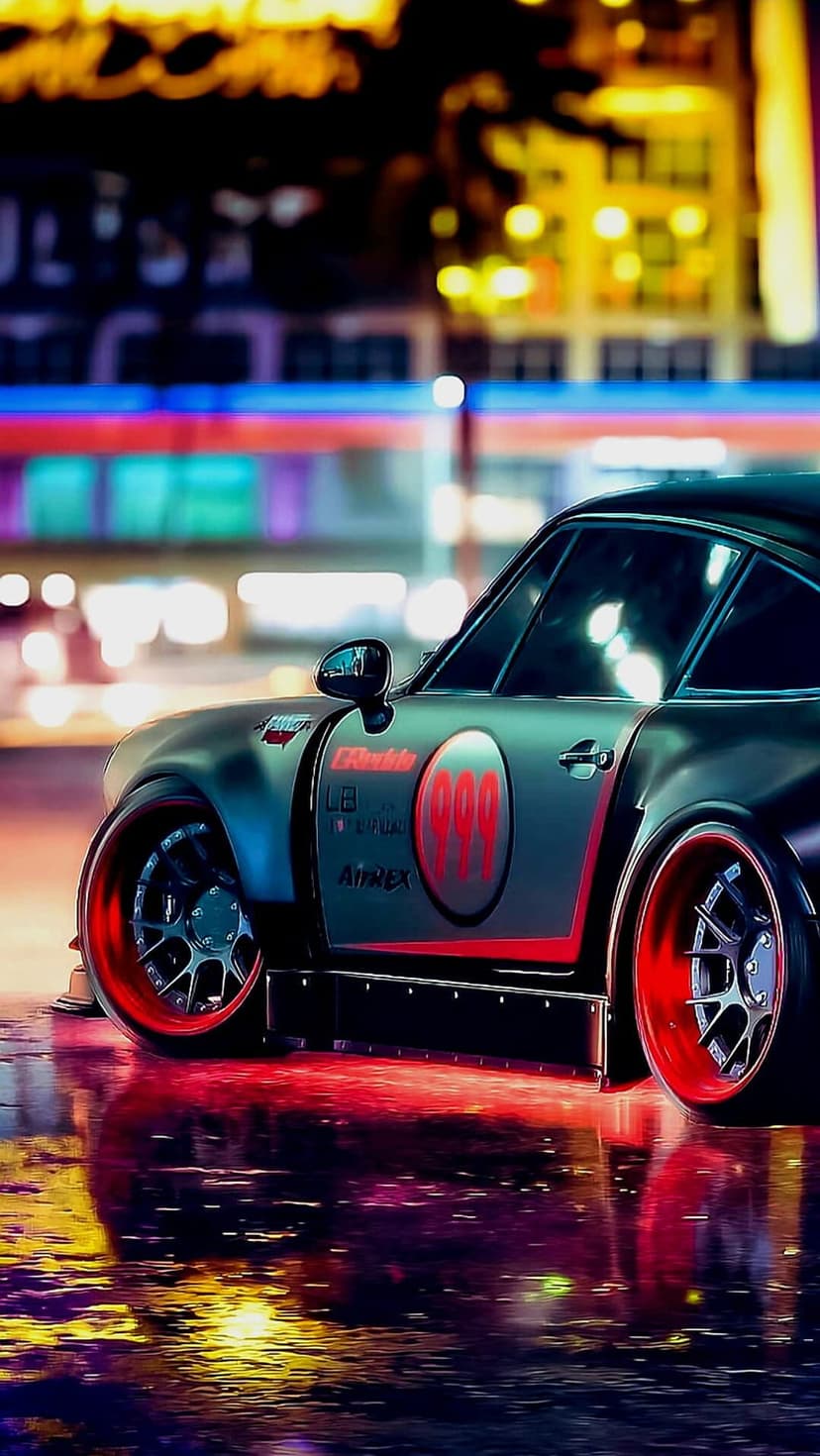 Red and black sports car parked on a wet asphalt road reflecting neon city lights and blurred urban bokeh at night.