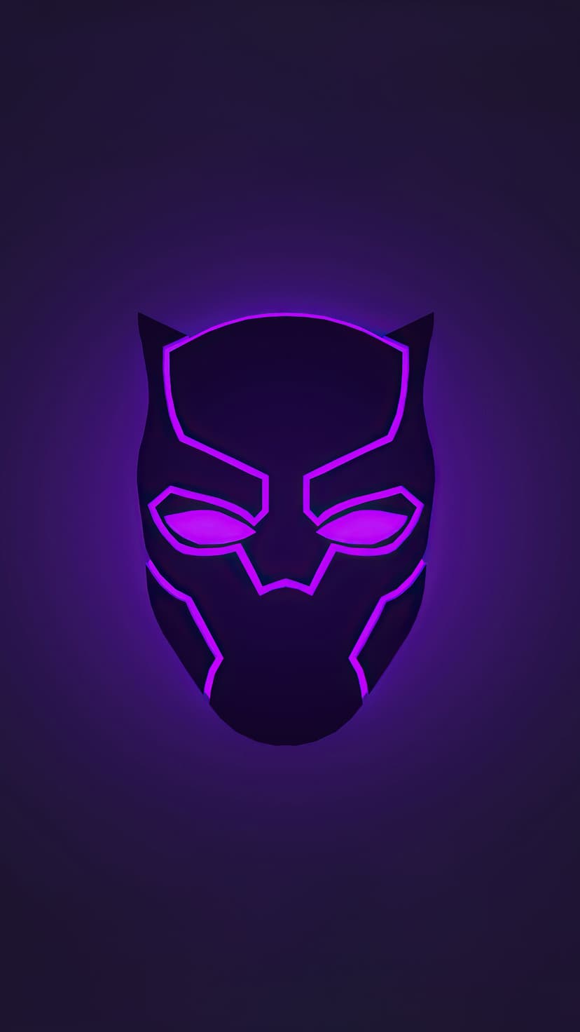 Black Panther mask with glowing purple eyes and neon violet outlines set against a dark gradient background.