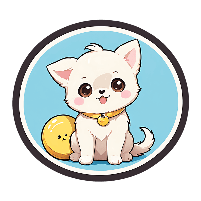 Chihuahua puppy sticker featuring white fur, brown eyes, and a yellow bell collar inside a blue circle frame.