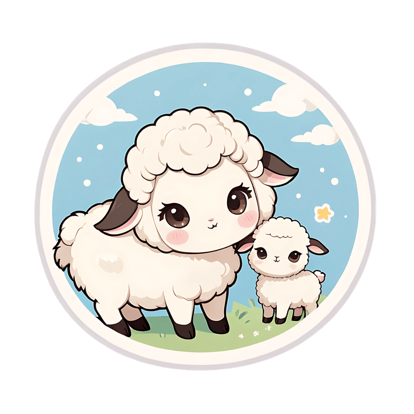 Sheep lamb vector illustration featuring two woolly animals inside a blue circular frame with white clouds.
