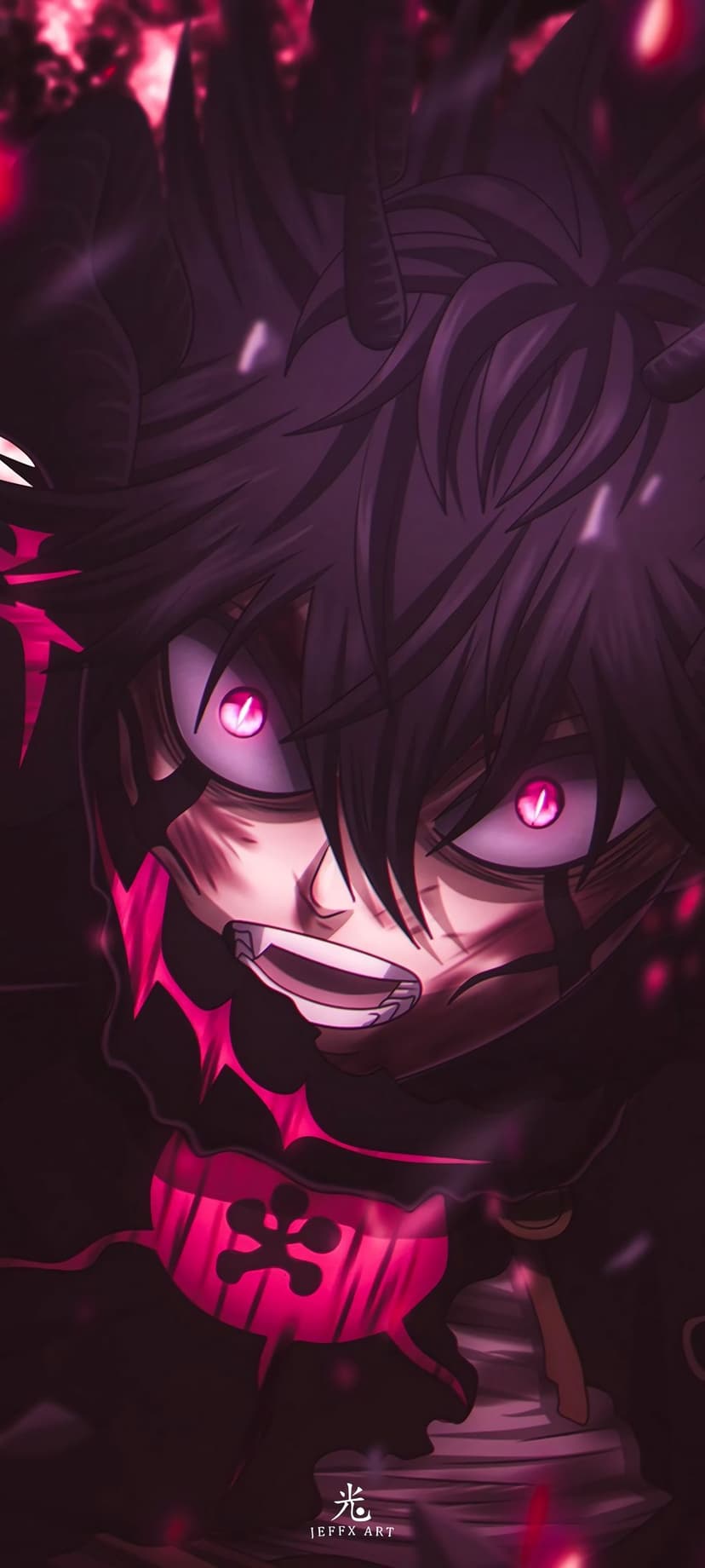 Asta from Black Clover shows glowing pink eyes and sharp teeth amid swirling red energy in a dark setting.
