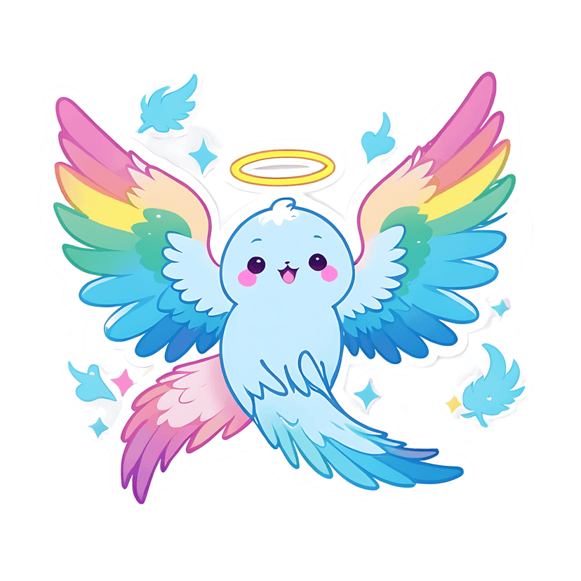 Blue bird sticker featuring rainbow wings and a golden halo surrounded by yellow stars on a white border.