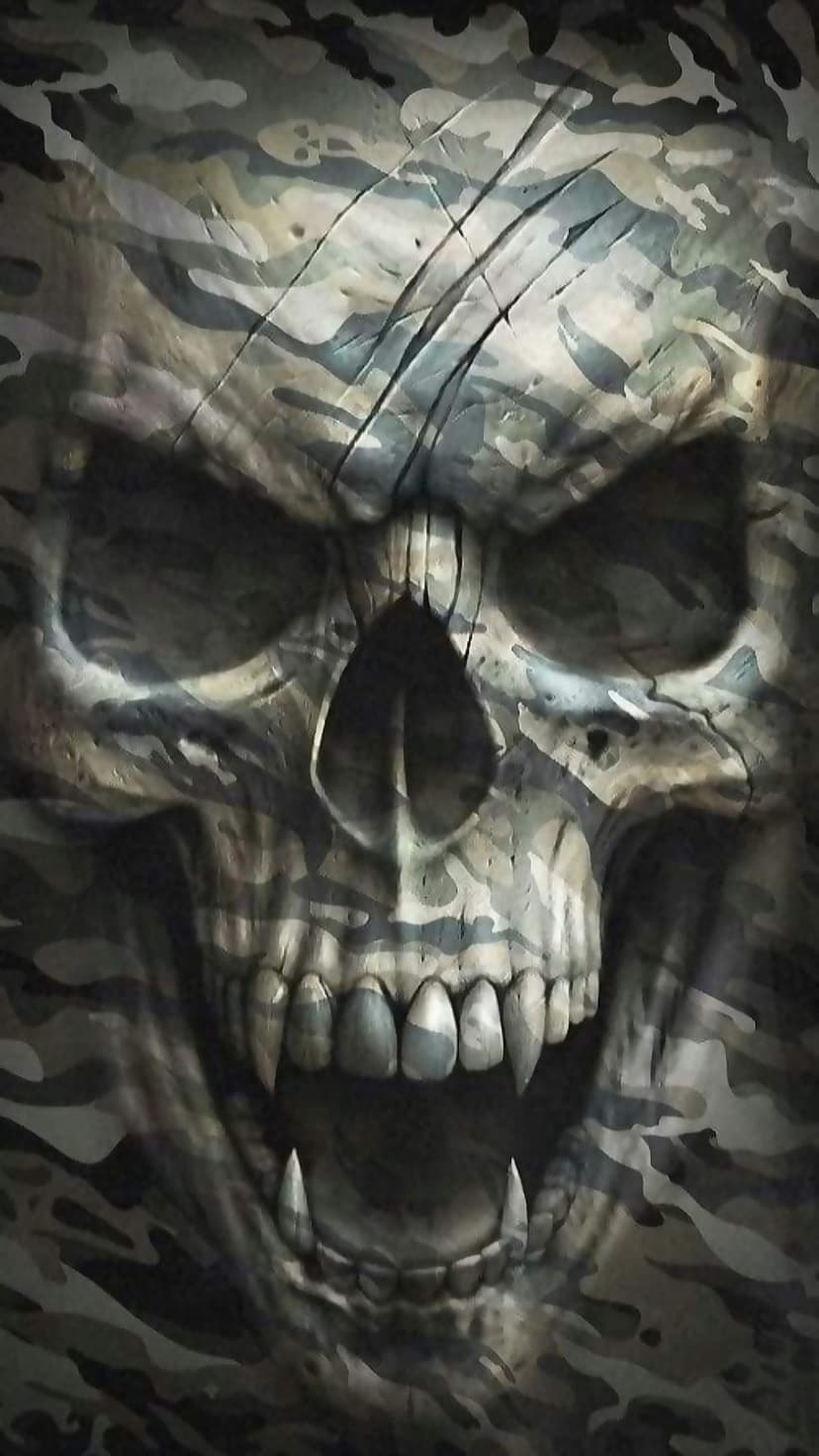 Camouflage skull with sharp fangs and deep scratches on the forehead against a dark, atmospheric background.