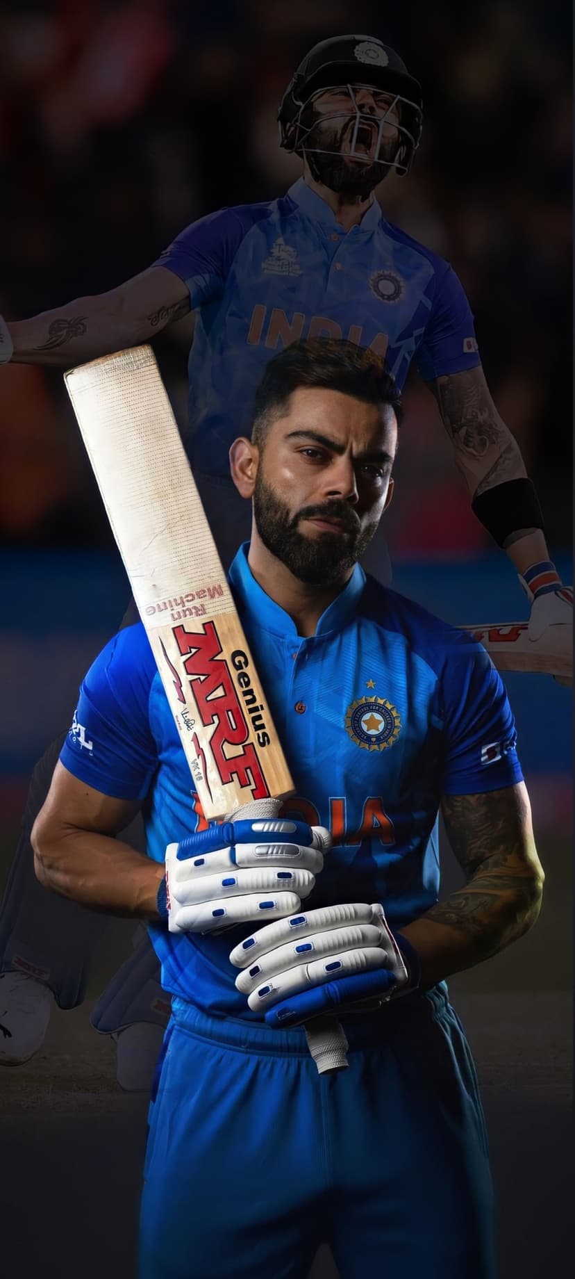 Virat Kohli maintains a focused batting stance in a blue India jersey on a vertical stadium background.