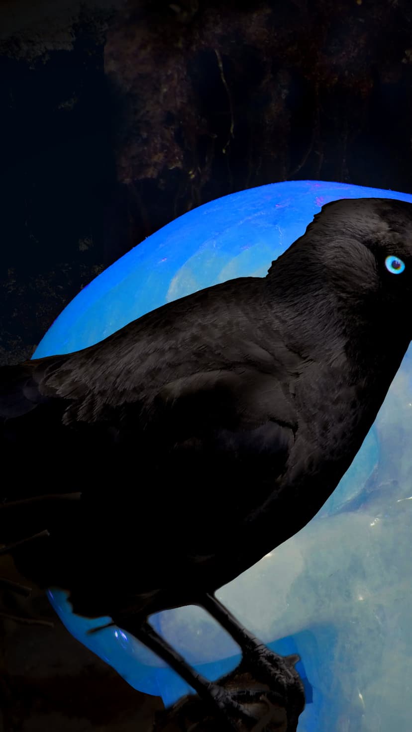 Black raven with bright blue eyes stares forward, silhouetted against a large glowing blue sphere in the dark.