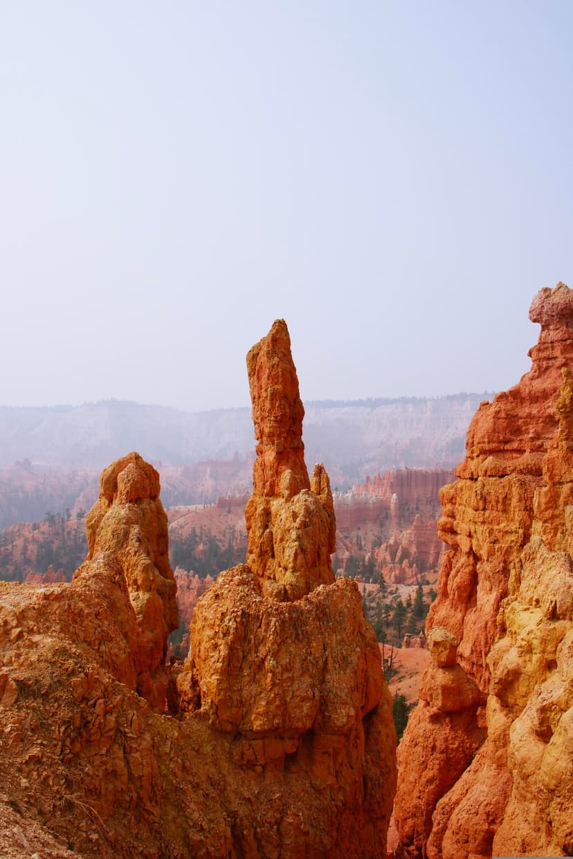 Orange rock hoodoos and slender spires stand vertically in Bryce Canyon under a soft, hazy desert sky.