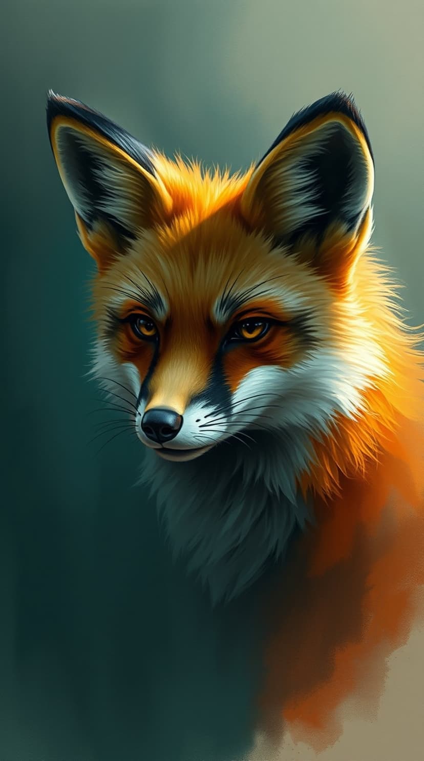 Red fox with fiery orange fur and white chest markings stares forward with piercing amber eyes against a blurred forest.