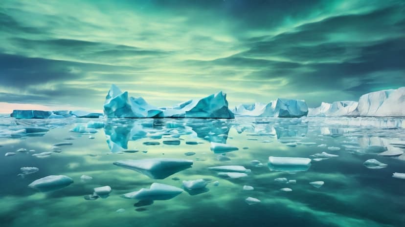 Towering blue icebergs drift through still water beneath a vibrant green Aurora Borealis in a night sky.