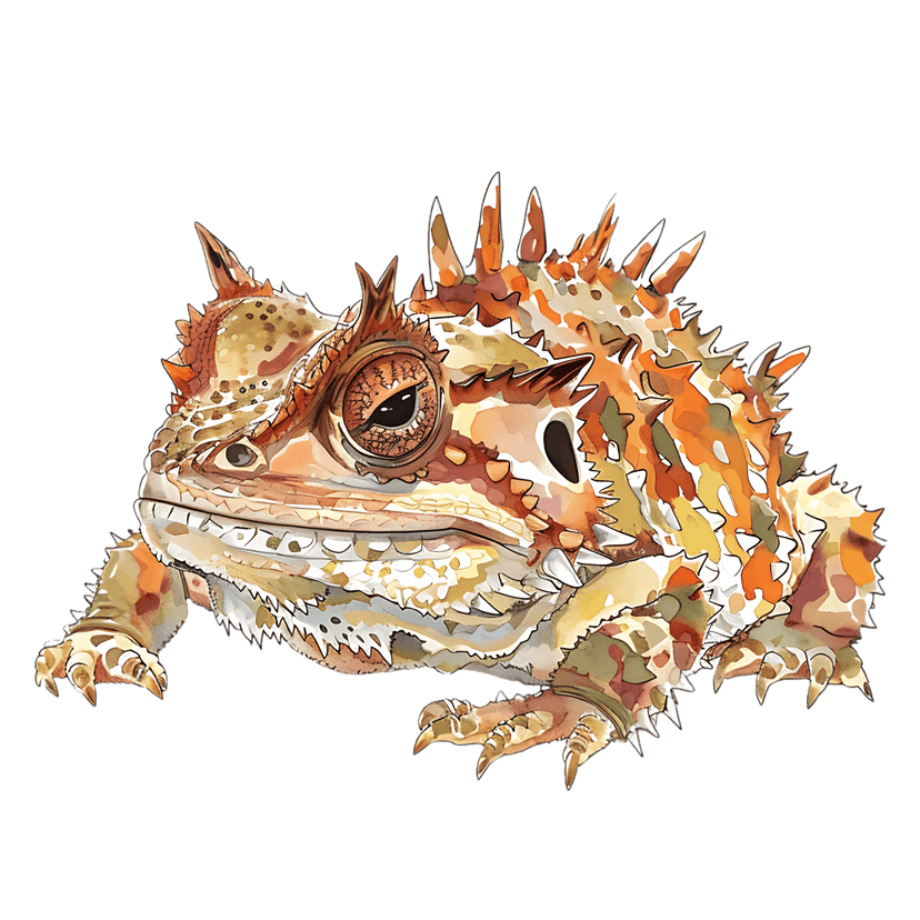 Thorny dragon lizard watercolor art shows orange spikes and scaly textures against a clean white background.