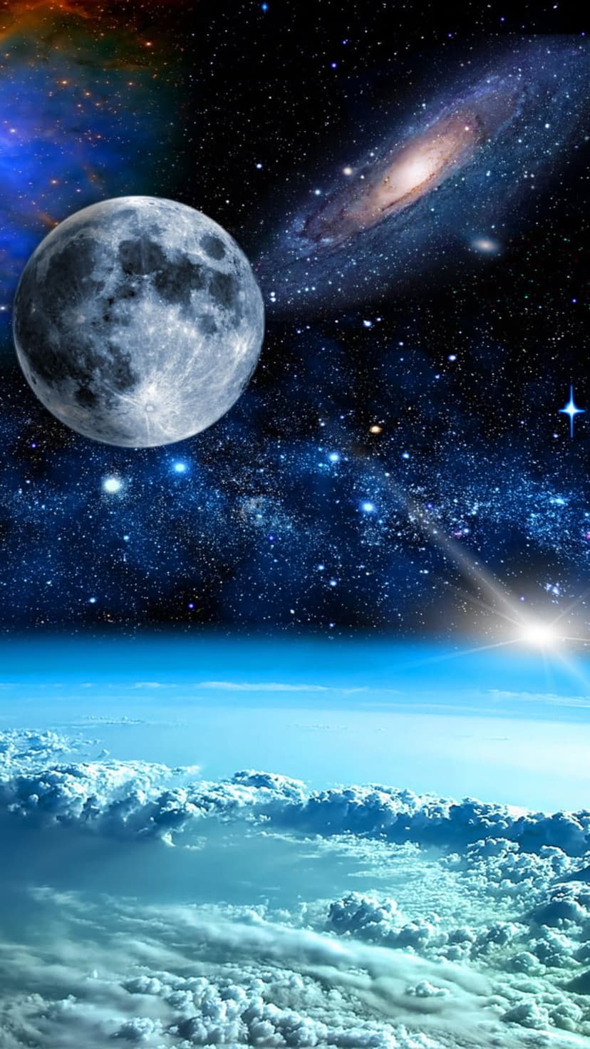 Earth's curved horizon with white clouds sits below a glowing moon and a purple galaxy with a bright shooting star.