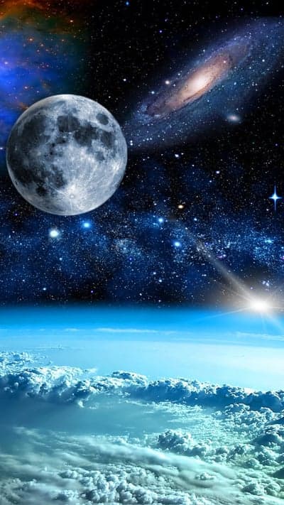 Cosmic Earth View: Moon, Galaxy, and Clouds