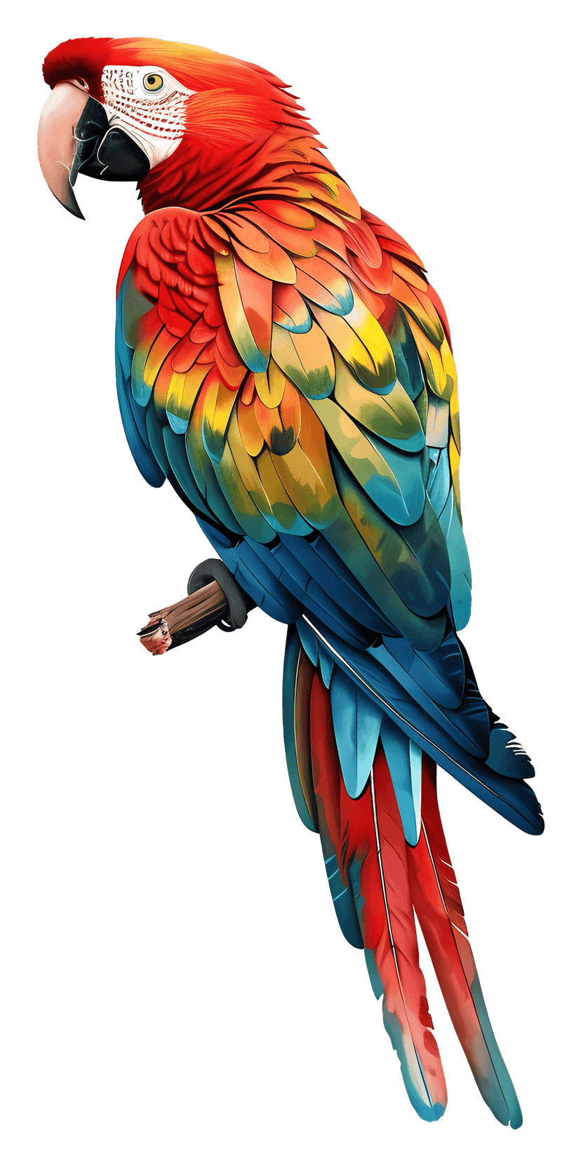 Tropical macaw parrot with red and yellow feathers perching on a brown tree branch against a clear background.